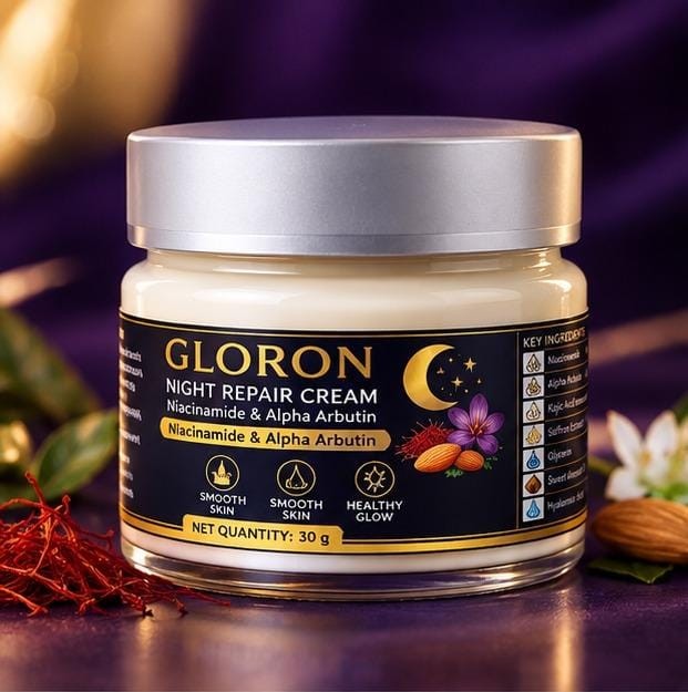 GLORON Night Repair Cream 30 g jar with a silver lid and black-and-gold label, beside saffron threads and almonds