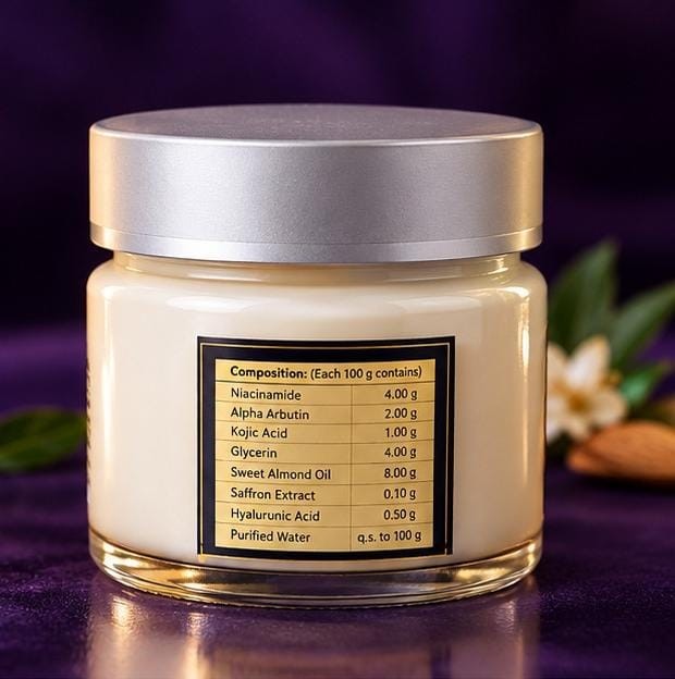 Back of the jar with a composition label listing ingredients per 100 g